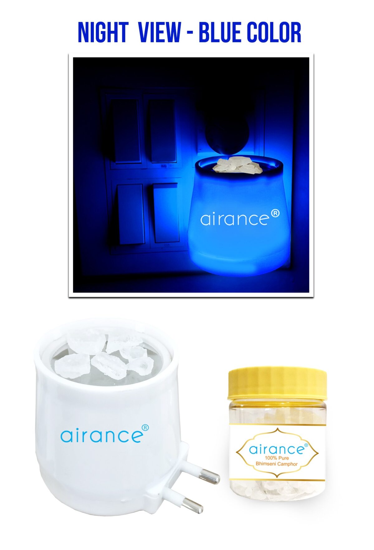Camphor Aroma Diffuser With Night Lamp - Blue Color - With Bhimseni Camphor 50 Gms