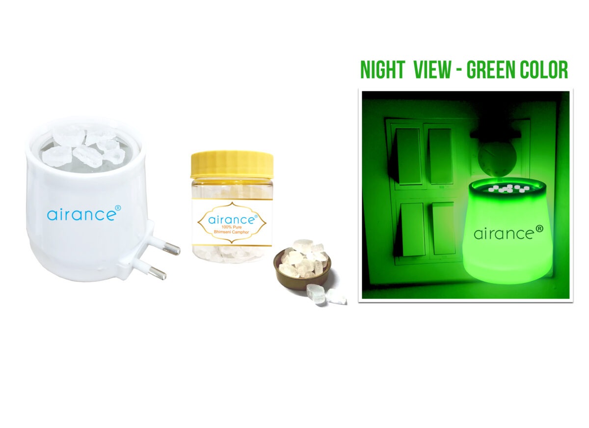 Camphor Aroma Diffuser With Night Lamp - Green Color With BhimSeni Camphor 50 Gms